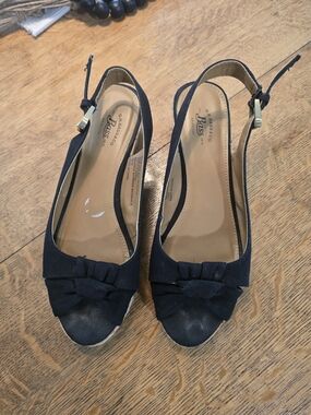 Bass Black Peep-Toe Slingback Wedges with Bow